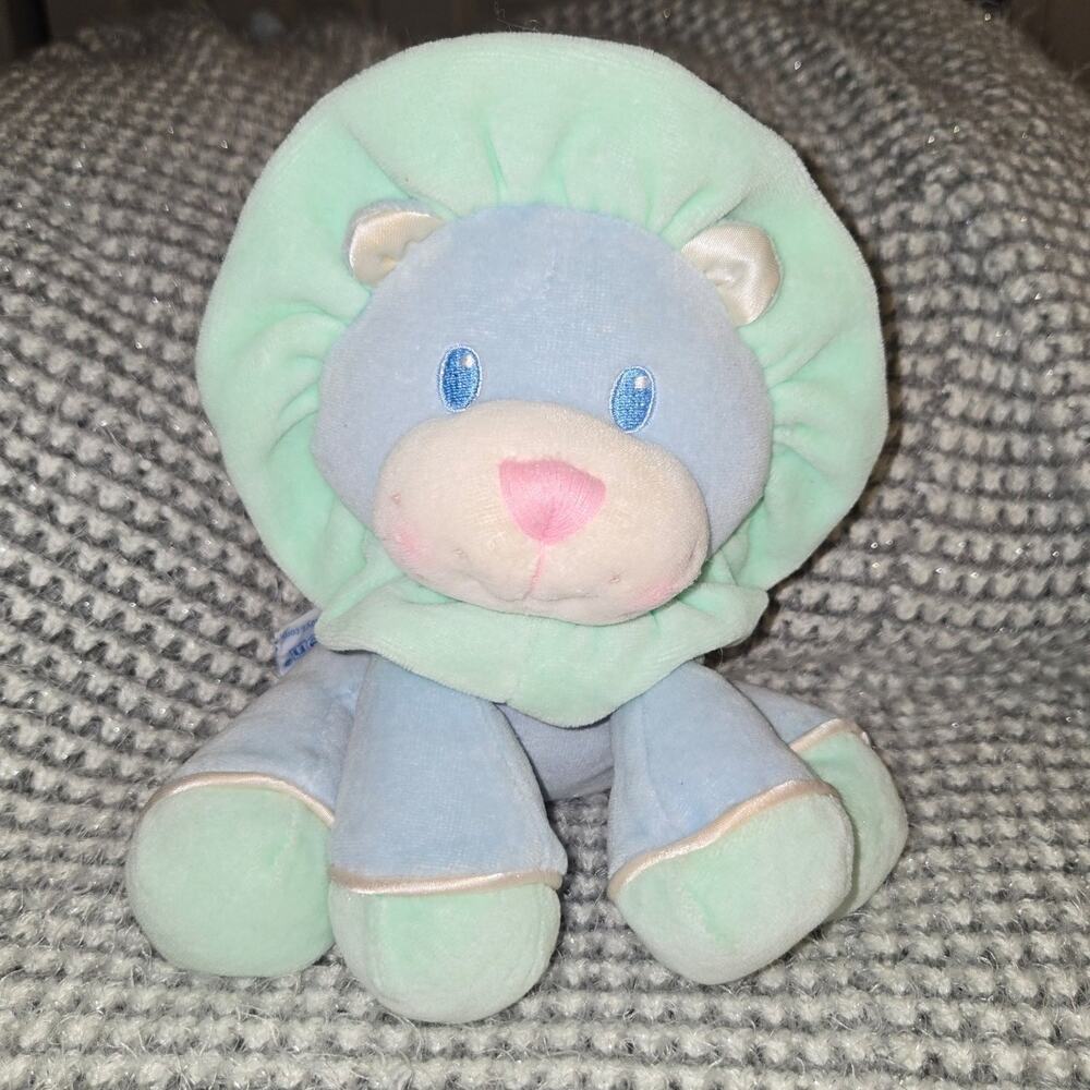 Eden vintage soft blue velour baby Lion plush stuffed pink nose rattle toy
